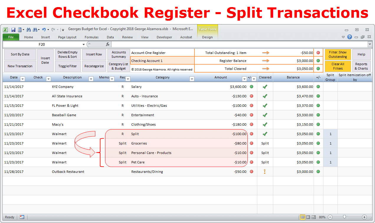 Split Transactions Excel Checkbook Spreadsheet