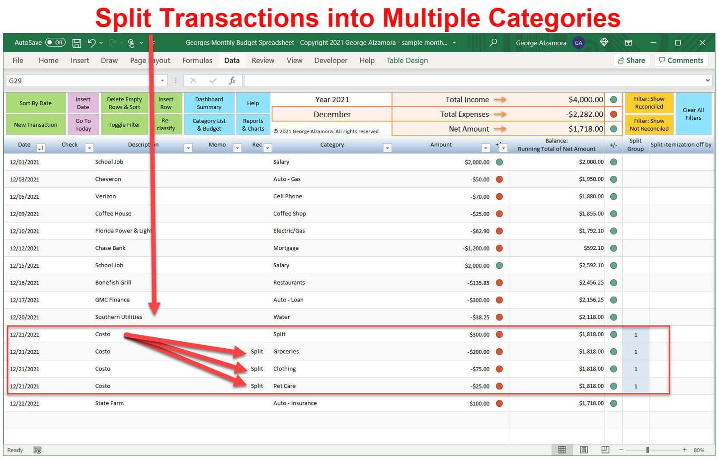Split Transactions into more than one budget category using Excel