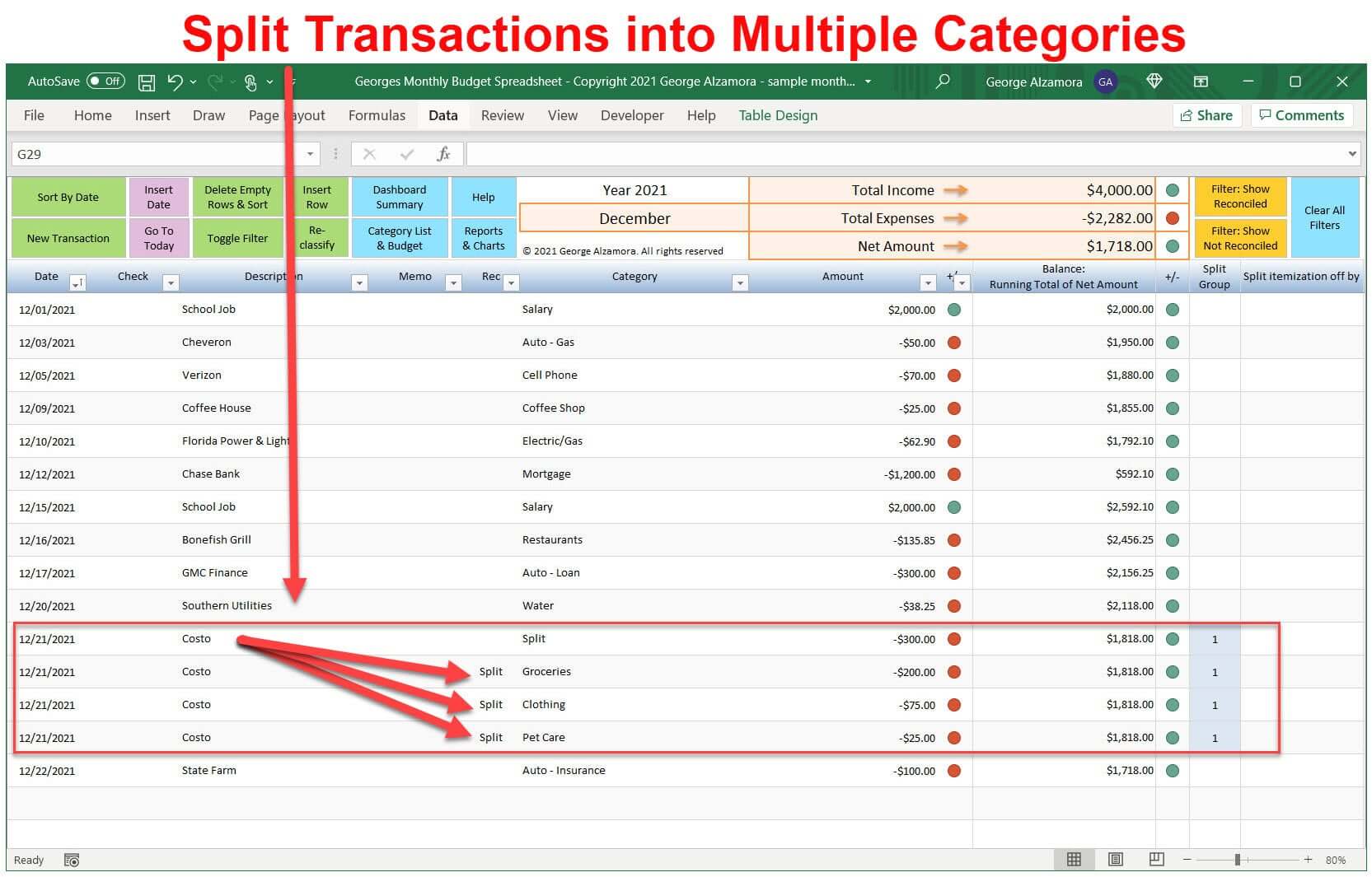 Split Transactions into more than one budget category using Excel