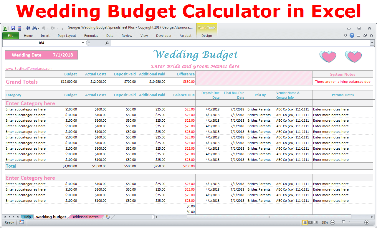 Wedding budget calculator online wedding planner Excel