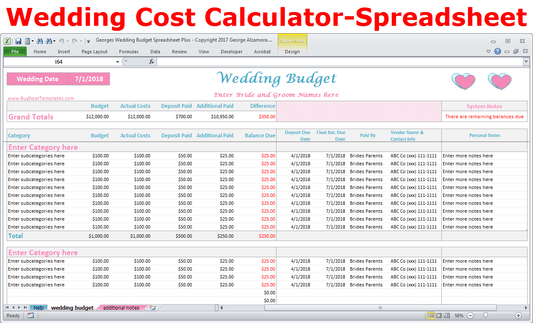 Wedding Costs Calculator Excel Budget Spreadsheet