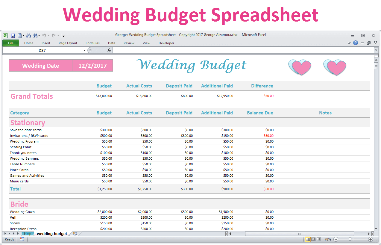 Excel wedding budget planner spreadsheet