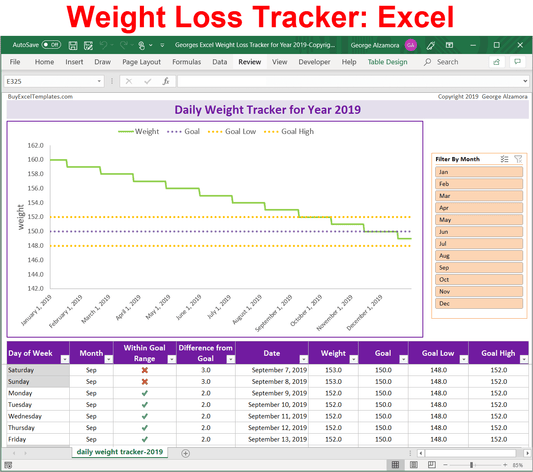 Weight tracker app year 2019: Excel template