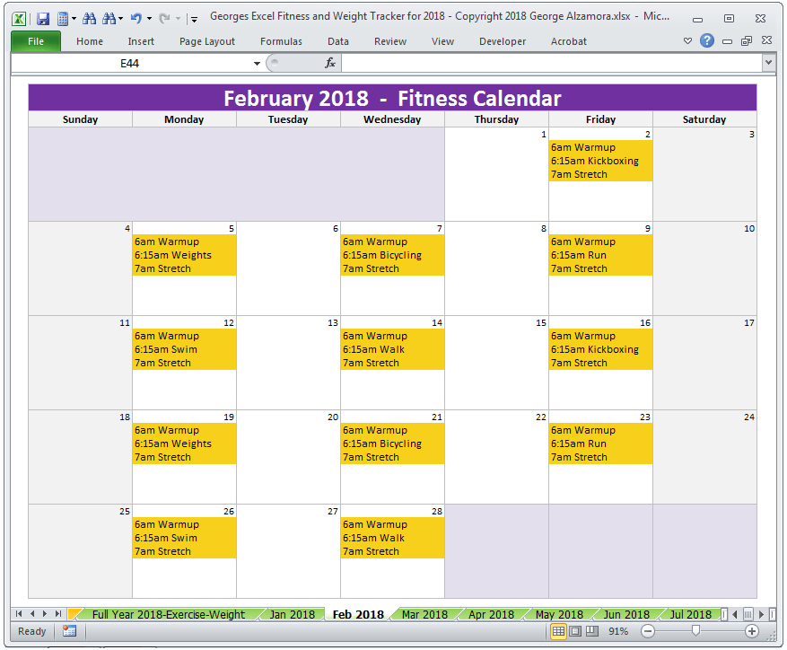 Workout Planner Excel Spreadsheet Year 2018