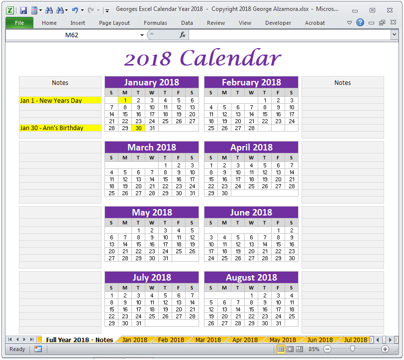Year 2018 Excel Calendar With Notes Printable